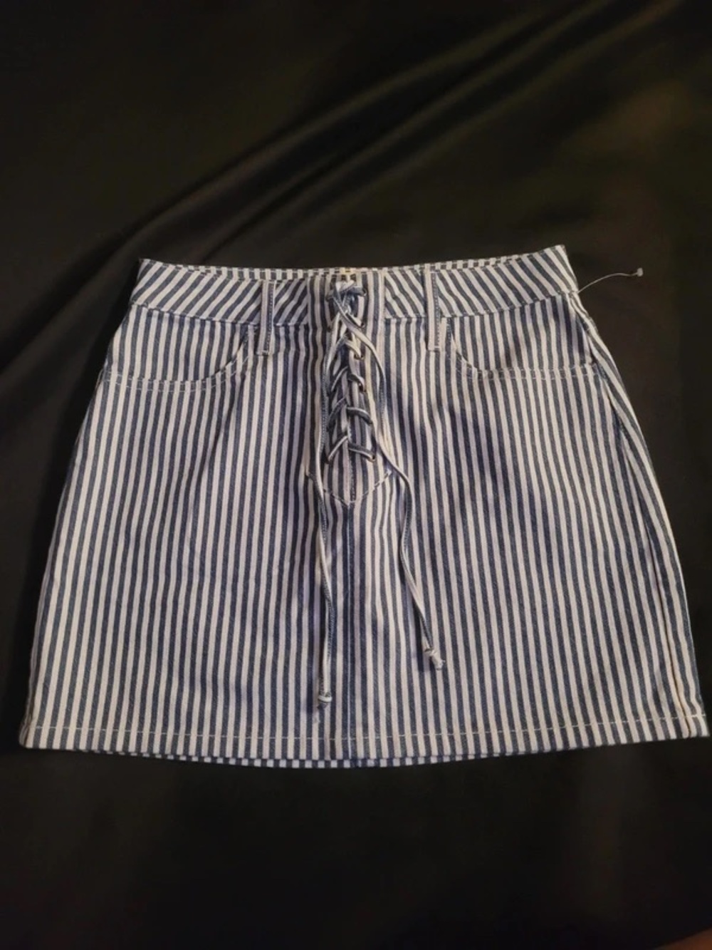 Striped Lace-Up Mini Skirt - Blue and White